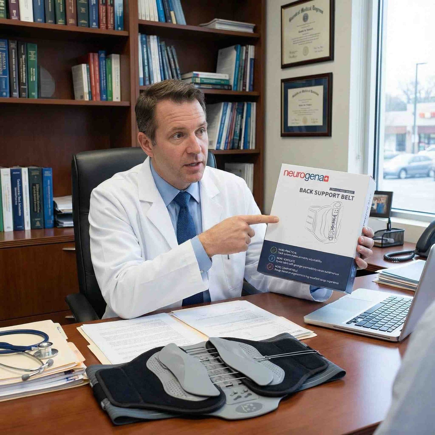 حزام دعم الظهر الطبي من Neurogena قابل للتعديل مع وسادات دعم قطنية لتخفيف آلام أسفل الظهر والانزلاق الغضروفي